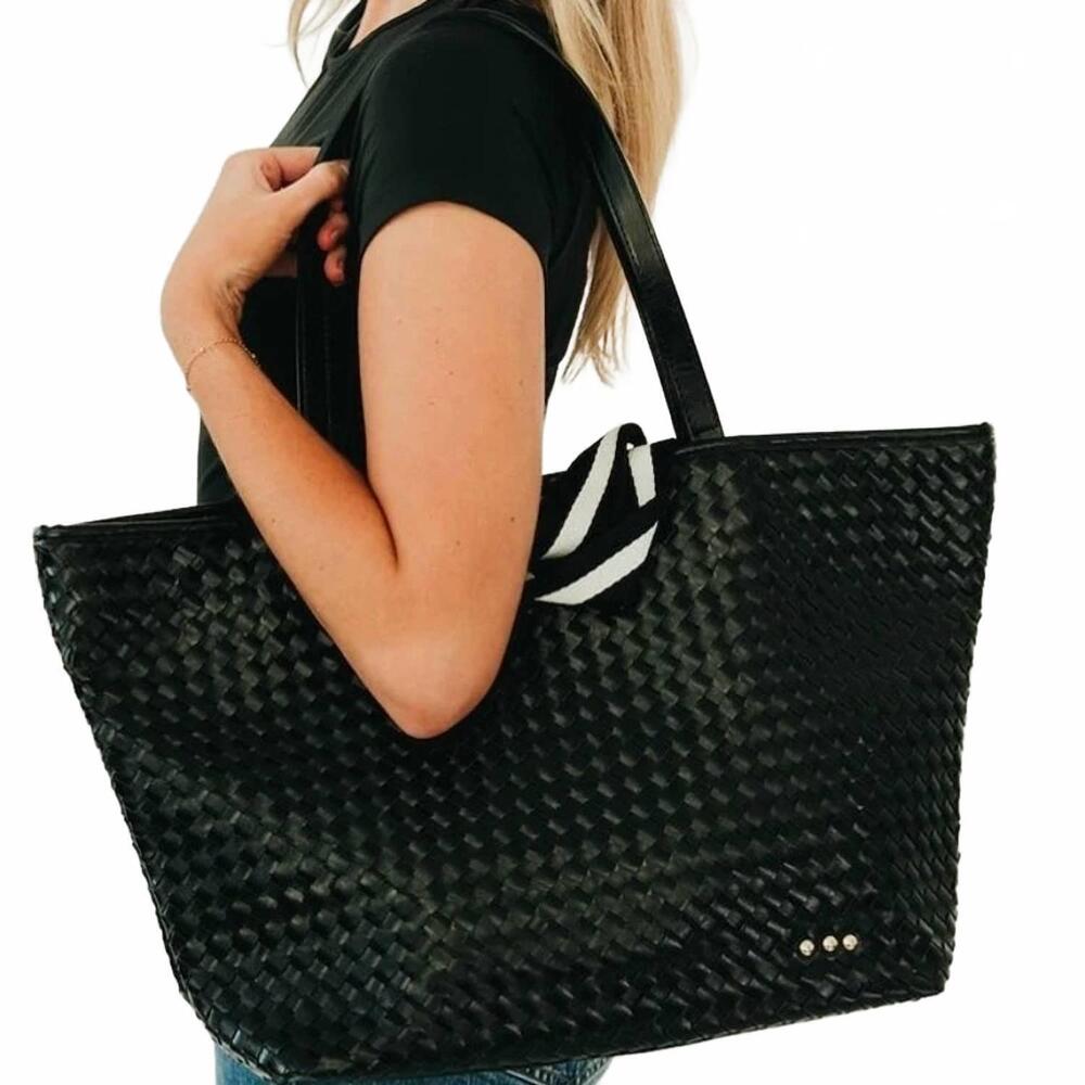 NEW PRETTY SIMPLE women's woven vegan leather organizer tote bag in black